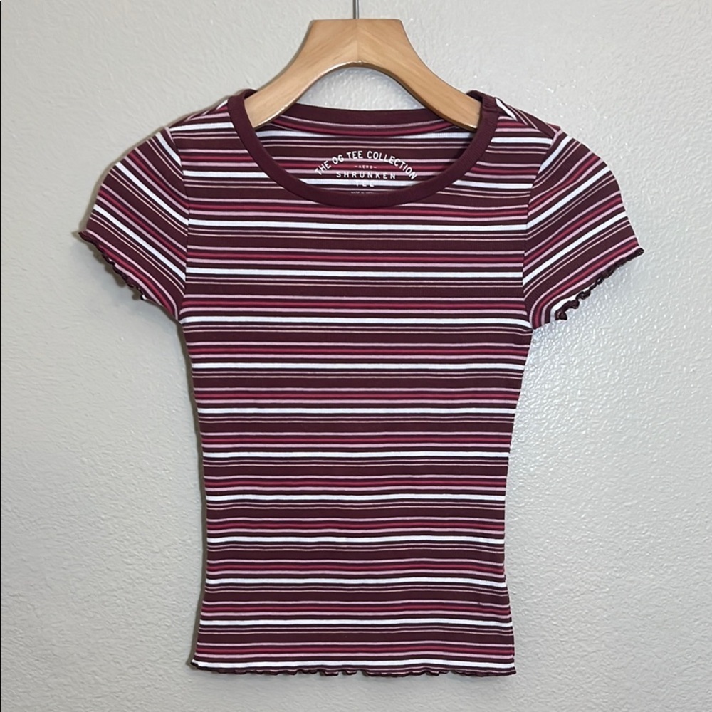 The OG Tee Collection Aero Shrunken Tee Striped Burgundy White Top
